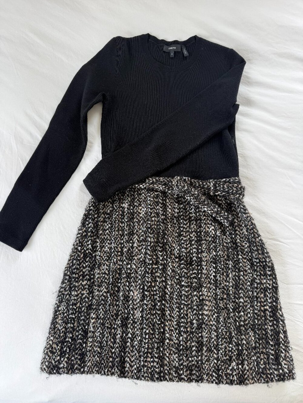 Theory Merino Wool Tweed Combo Dress Size Small Black Knit Bouclé Work Dress